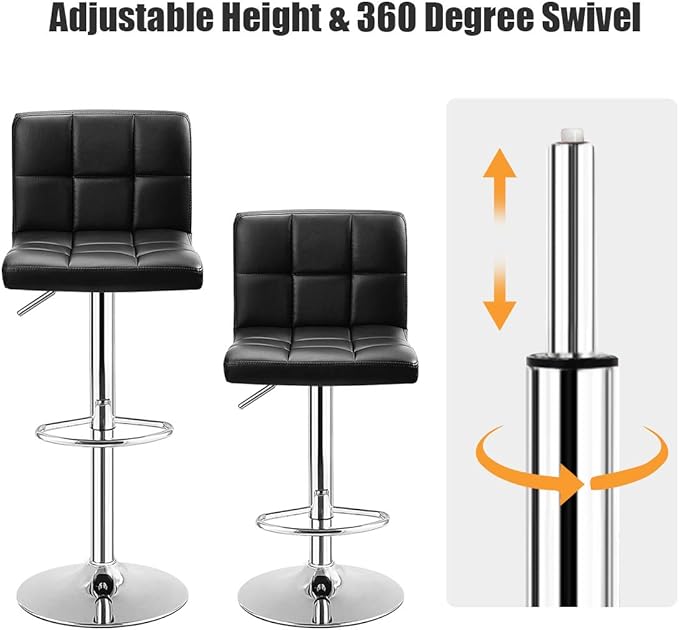 COSTWAY Bar Stools Set of 2, Modern Swivel Adjustable Height PU Leather Barstools with Back, Square Armless Counter Height 2-Pack Bar Chair for Kitchen Island Dining Living Bistro Pub Counter, Black