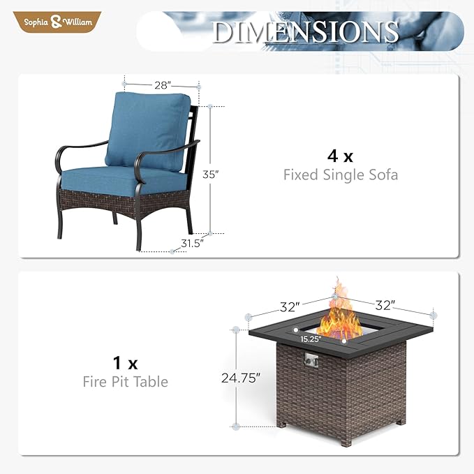 Sophia & William Patio Furniture Set with Fire Pit Table, 5 PCS Metal Outdoor Conversation Set Sofa Couch with Fire Pit Table, 4 Sofa Chairs for Outdoor Seating,Backyard,Porch(Navy)