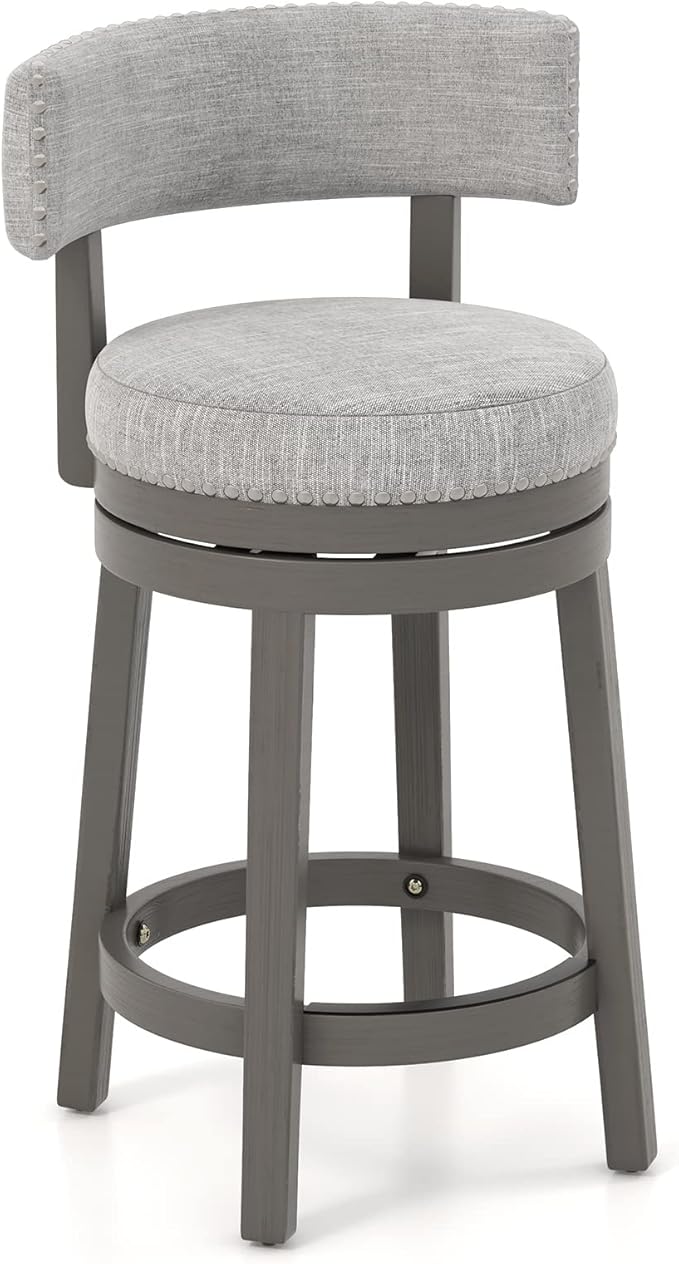 COSTWAY Bar Stool, 27-inch 360° Swivel Barstool with Upholstered Back & Seat, Solid Rubber Wood Legs & Footrest, Farmhouse Counter Height Chair for Home, Bar, Cafe, Grey (1, Seat Height 27‘’)