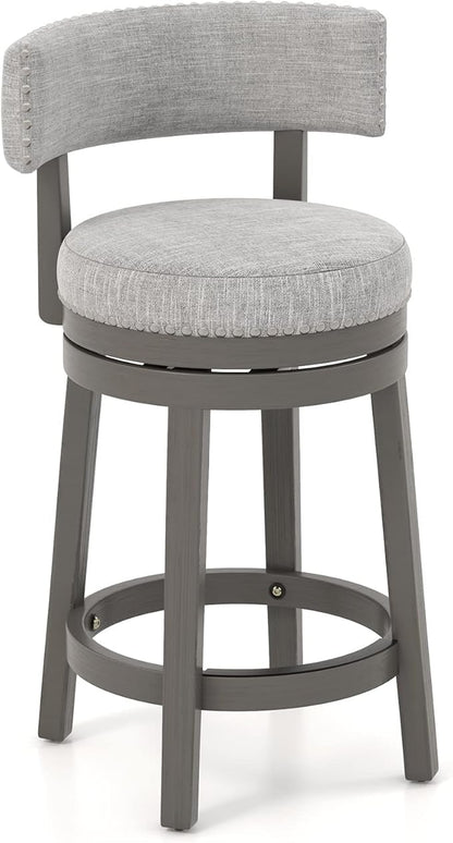 COSTWAY Bar Stool, 27-inch 360° Swivel Barstool with Upholstered Back & Seat, Solid Rubber Wood Legs & Footrest, Farmhouse Counter Height Chair for Home, Bar, Cafe, Grey (1, Seat Height 27‘’)