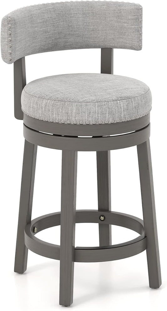 COSTWAY Bar Stool, 27-inch 360° Swivel Barstool with Upholstered Back & Seat, Solid Rubber Wood Legs & Footrest, Farmhouse Counter Height Chair for Home, Bar, Cafe, Grey (1, Seat Height 27‘’)
