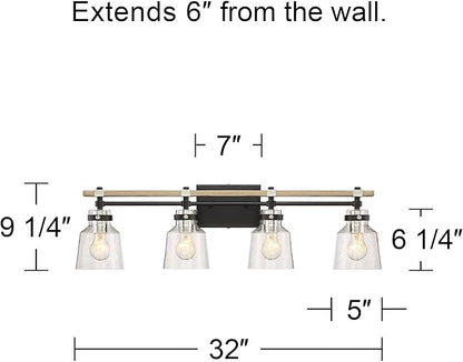 Possini Euro Design Broadway Modern Industrial Wall Light Black Painted Faux Wood Hardwired 32" 4-Light Fixture Clear Seedy Glass Shade for Bedroom Bedside Bathroom Vanity Living Room Hallway House