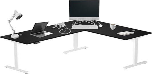 Progressive Desk Stand Up Height Adjustable Standing Desk - L Shaped 85" x 72" Corner Computer Rising Workstation Electric Table - White Frame, Ebony Oak Top