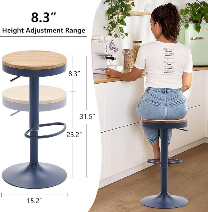 Kidol & Shellder Bar Stools Set of 4 Round Adjustable Swivel Barstools Modern Backless Bar Chairs Wooden Seat Counter Height Stools Armless for Kitchen Island, Cafe, Dining Room Blue