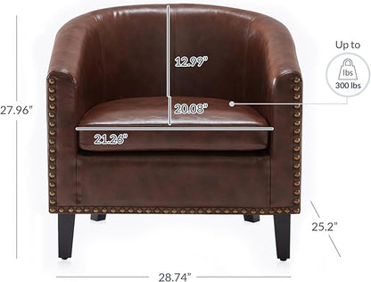 BELLEZE Accent Barrel Chair, Modern Faux Leather Tub Club Chair Upholstered Armchair with Gold Nail Head Trim and Black Legs for Living Room Bedroom Apartment Lounge - Brown