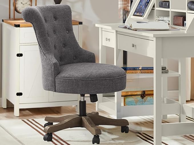 HUIMO Home Office Chair Upholstered Armless Desk Chair with Wheels Adjustable Height Computer Desk Chair with Wooden Legs Linen Fabric Comfortable Swivel Chairs for Home Office Study Studio (Grey)