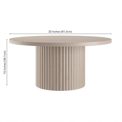 Henn&Hart 32" Fluted Round Wood Pedestal Low-Profile Coffee Table for Living Room, Family Room, Office, or Apartment, Alder White