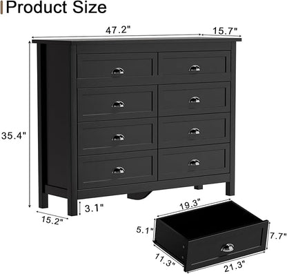 Black Dresser for Bedroom, Farmhouse 8 Drawer Double Dresser with Vintage Antique Handles, Modern Tall Dressers and Chest of Drawers for Bedroom