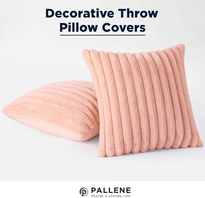 Pallene Faux Fur Plush Throw Pillow Covers 22x22 Set of 2, Luxury Soft Fluffy Striped Decorative Pillow Covers for Sofa, Couch, Living Room, Pink
