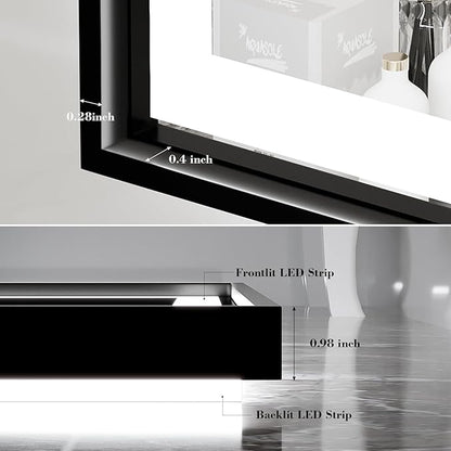 28X36 Inch Framed LED Lighted Bathroom Mirror,Backlit and Front Wall Mounted Black Metal Vanity Mirrors with Lights,Double LED Dimmable Illuminated & 3 Colors Temperature Anti-Fog Mirror