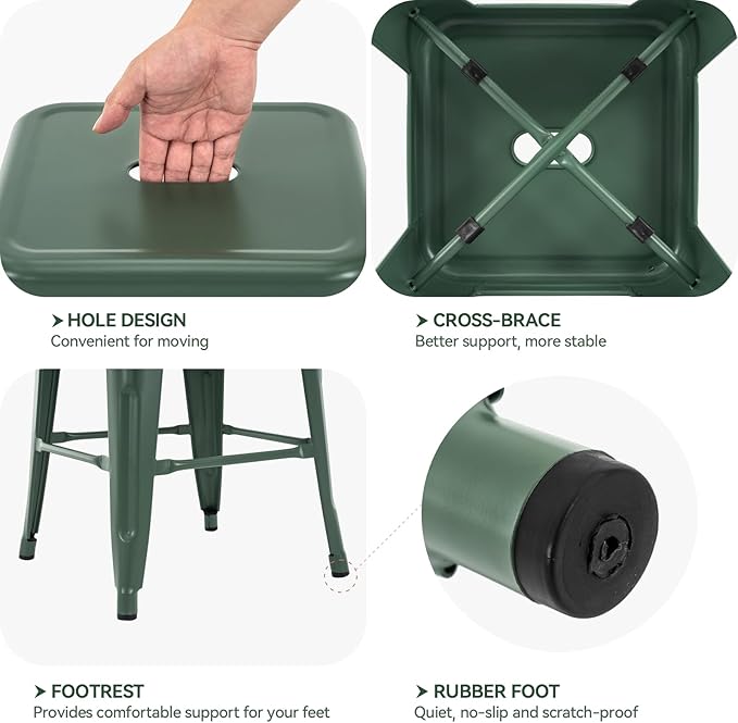 Vogue Furniture Direct 24 Inch Metal Bar Stools, Backless Counter Height Barstools, Indoor Outdoor Stackable Stools with Square Seat, Set of 2 (Dark Green)