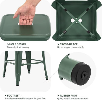 Vogue Furniture Direct 24 Inch Metal Bar Stools, Backless Counter Height Barstools, Indoor Outdoor Stackable Stools with Square Seat, Set of 2 (Dark Green)