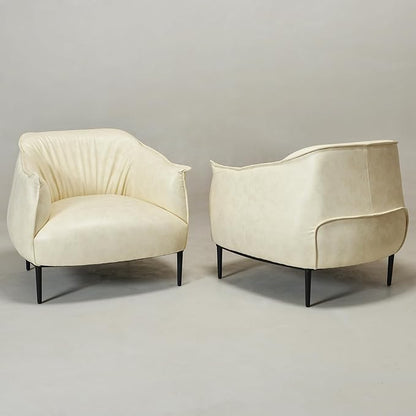 KINWELL 33" W Faux Leather Barrel Chairs Set of 2 with Hand-Tufted Pleated Back Flared Arms, Modern PU Upholstered Accent Chairs with Metal Legs, Large Armchairs Lounge Chairs for Living Room, Cream
