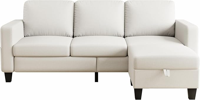 Sectional Sofa and Couches for Living Room, 78'' Beige 3 Seat L-Shaped Couch with Movable Ottoman, Comfy Fabric Convertible Sectionals Sofas with Chaise for Apartment, Office, Small Space