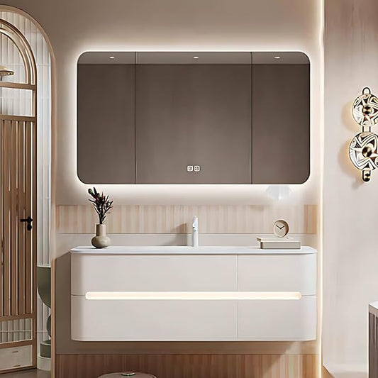 40IN Bathroom Vanity - Bathroom Vanity with Sink with Intelligent Induction Light | Wall-Mounted Bathroom Vanity with Intelligent LED Mirror Cabinet & 6 Drawers, Cream Color