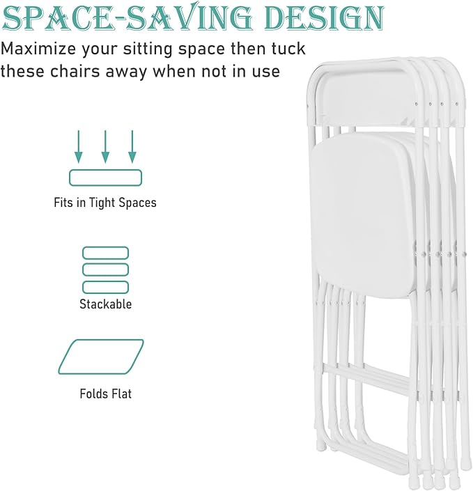 10 Pack Plastic Folding Chairs, Portable Stackable Commercial Party Folding Chairs with Steel Frame 350lbs for Home Office Outdoor Indoor Office Wedding Party Events, White