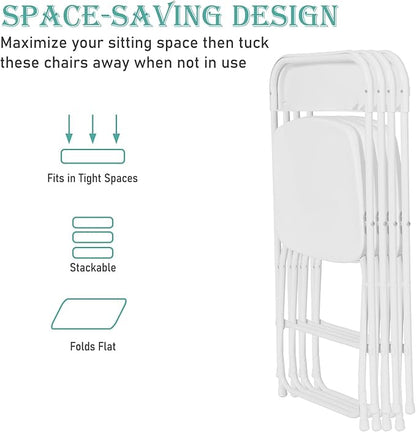 10 Pack Plastic Folding Chairs, Portable Stackable Commercial Party Folding Chairs with Steel Frame 350lbs for Home Office Outdoor Indoor Office Wedding Party Events, White
