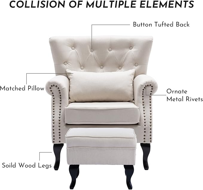 Accent Reading Arm Chairs with Ottoman Set of 2 for Living Room Bedroom, Midcentury Modern Corner Sofa Chair, Wingback Waiting Room Club Chair with Tufted Back &Lumbar Pillow, Linen Beige