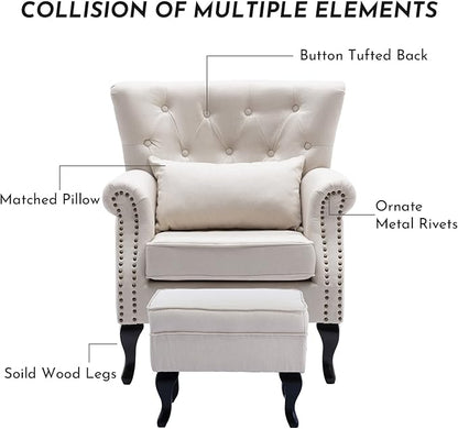 Accent Reading Arm Chairs with Ottoman Set of 2 for Living Room Bedroom, Midcentury Modern Corner Sofa Chair, Wingback Waiting Room Club Chair with Tufted Back &Lumbar Pillow, Linen Beige
