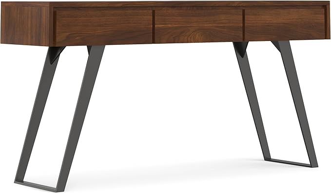 SIMPLIHOME Lowry Console Table - 60 Inch Wide Solid Walnut Veneer and Metal Sofa Table, Modern Industrial Storage Table for Entryway or Living Room with 3 Drawers and Angled Metal Legs
