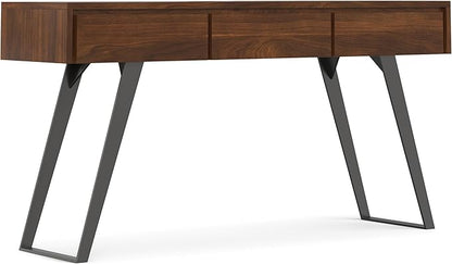 SIMPLIHOME Lowry Console Table - 60 Inch Wide Solid Walnut Veneer and Metal Sofa Table, Modern Industrial Storage Table for Entryway or Living Room with 3 Drawers and Angled Metal Legs