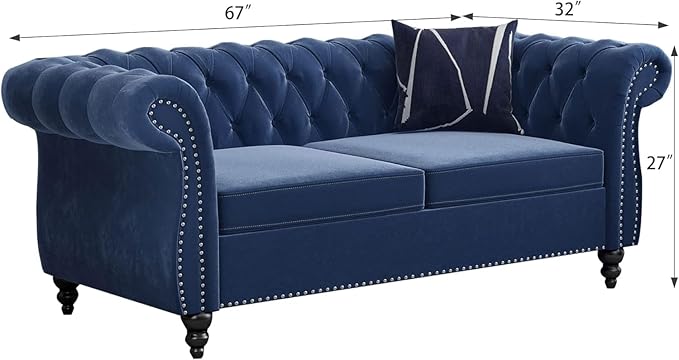 Chesterfield Loveseat Sofa, Modern Velvet Small Sofa Couch 2 Seater with Rolled Arms and Nailhead, Mid Century Modern Loveseat Couch for Small Spaces Living Room Bedroom Apartment, Blue