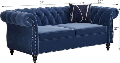 Chesterfield Loveseat Sofa, Modern Velvet Small Sofa Couch 2 Seater with Rolled Arms and Nailhead, Mid Century Modern Loveseat Couch for Small Spaces Living Room Bedroom Apartment, Blue