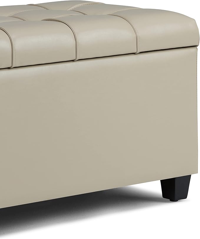 SIMPLIHOME Sienna Storage Ottoman Bench - 33 inch Wide Upholstered Vegan Leather Rectangle Storage Ottoman Bench in Stone Grey, Transitional Tufted Ottoman for Living Room or Entryway with Lift Top
