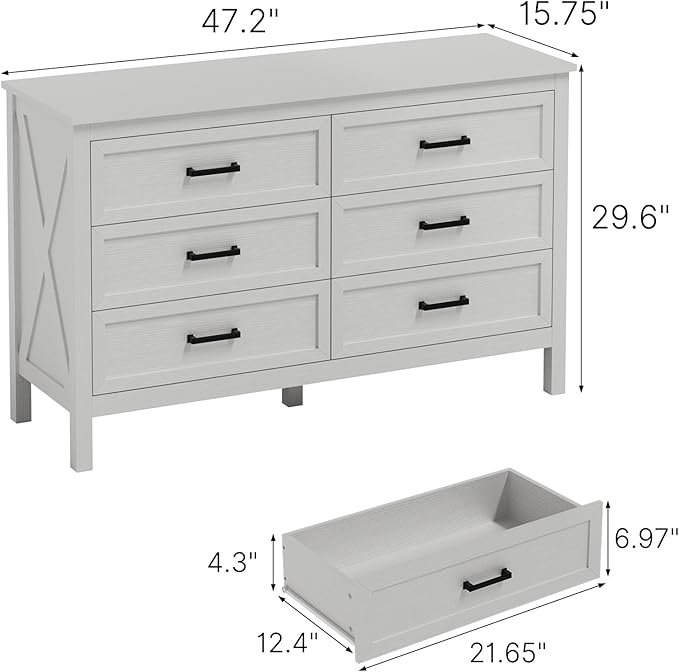 LYNSOM Farmhouse 6 Drawers Dresser for Bedroom, Wood Rustic Wide Chest of Drawers with Deep Drawers, Metal Handle, Storage Dressers Organizer for Hallway