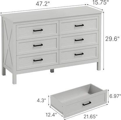 LYNSOM Farmhouse 6 Drawers Dresser for Bedroom, Wood Rustic Wide Chest of Drawers with Deep Drawers, Metal Handle, Storage Dressers Organizer for Hallway