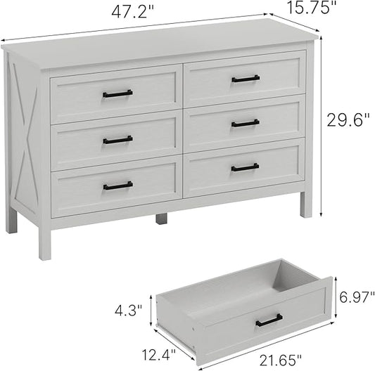 LYNSOM Farmhouse 6 Drawers Dresser for Bedroom, Wood Rustic Wide Chest of Drawers with Deep Drawers, Metal Handle, Storage Dressers Organizer for Hallway