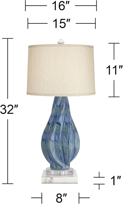 Possini Euro Design Teresa Modern Coastal Table Lamp 31" Tall with Square White Marble Riser Teal Ceramic Beige Drum Shade for Bedroom Living Room Nightstand Bedside Night Stand Office Kids Room