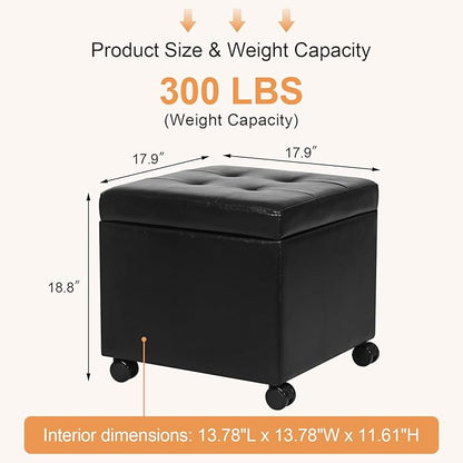 Adeco Modern Leather Ottoman with Wheels, 18.8" Black Square Rolling Ottoman with Storage, Upholstered Button Tufted Vanity Stool with Hinged Lid for Living Room, Bedroom, Dorm