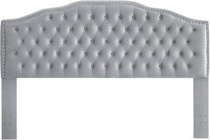 24KF Upholstered Button Tufted King Size Headboard with Nailhead Trim, Soft Velvet Fabric Headboard King/Cal King Size, Gray