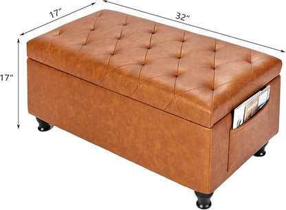 Leather Storage Ottoman Bench Rectangle 32 Inch Foot Rest Ottomans Stool for Living Room Bedroom(Yellowish Brown)