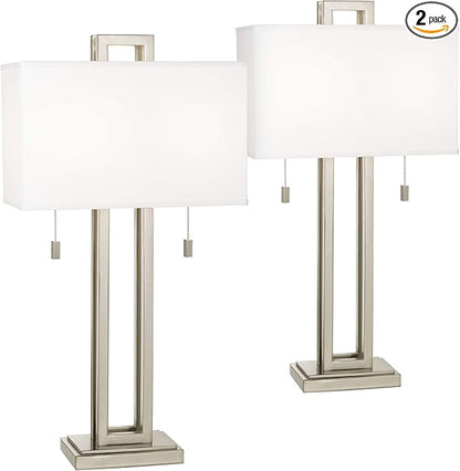 Possini Euro Design Gossard 30" Tall Rectangle Large Modern End Table Lamps Set of 2 Pull Chain Silver Brushed Nickel Finish Metal White Shade Living Room Bedroom Bedside Nightstand House Office