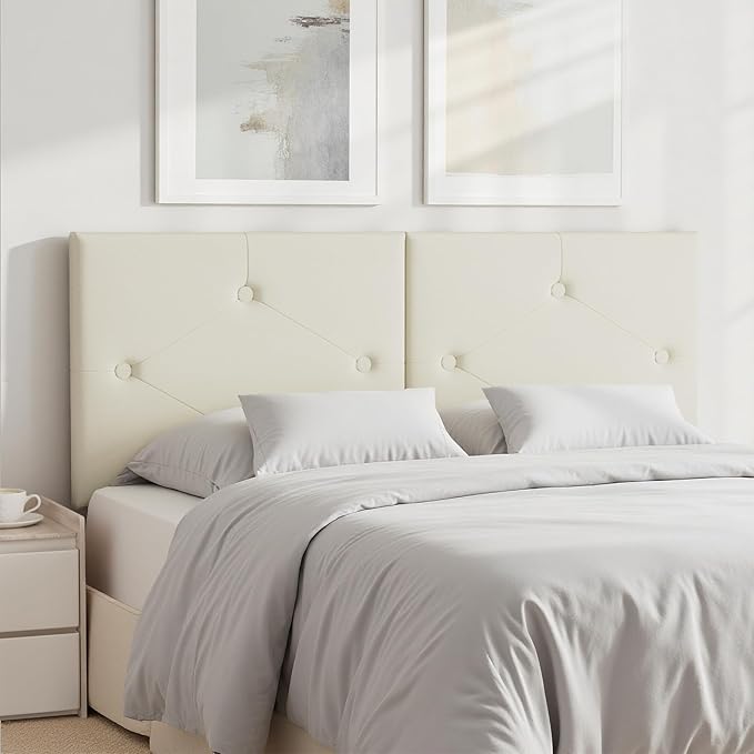 Modern Queen Headboard, Upholstered Faux Leather Bed Headboard with Solid Wood & Sturdy Metal Legs, Tufted Adjustable Height Headboards in Button Design, Ivory