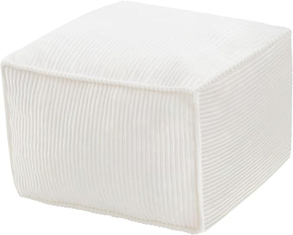MeMoreCool Square Stuffed Pouf Ottoman Foot Rest, Corduroy Floor Pouf Foot Stool with Foam Chunk Filling, Soft Stuffed Ottoman Footrest for Living Room, Beige
