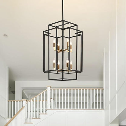 WJShome High Ceiling Foyer Chandelier: 8-Light Farmhouse Lantern Chandeliers for Entryway Industrial Large Pendant Light Fixtures for Entry Staircase Hallway Dining Room Kitchen Island, Black & Gold
