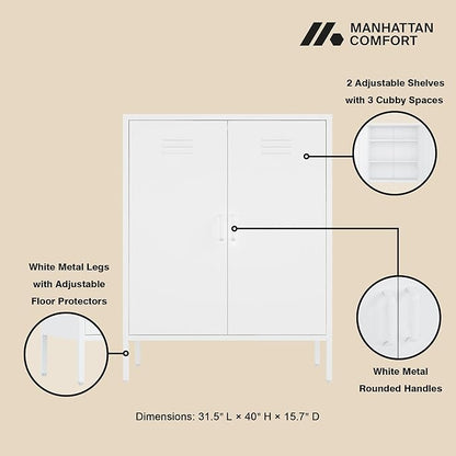 Manhattan Comfort Naomi Modern Metal Accent Cabinet, Minimalist Storage Cabinet with Doors & Adjustable Shelves, Vented Doors, Sturdy Steel Build, Versatile & Multi-Purpose Home Furniture, White