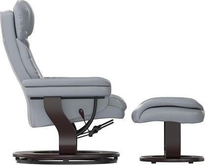 Flash Furniture Allie Contemporary Multi-Position Recliner and Curved Ottoman with Swivel Mahogany Wood Base in Gray LeatherSoft