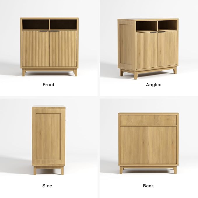 Buffet Cabinet with Storage - Elegant Fluted Storage Cabinet with Adjustable Shelves and Solid Wood Leg, Modern Buffet Sideboard for Living Room, Dining Room, Entryway