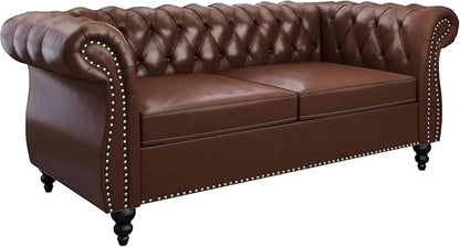 Chesterfield Loveseat Sofa, Modern 2 Seater Couch Leather Small Love Seat Sofa with Rolled Arms and Nailhead, Mid Century Modern Loveseat for Small Spaces Living Room Bedroom Apartment, Brown