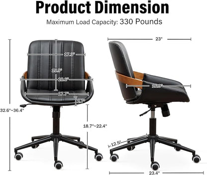 Small Home Office Chair No Arms,PU Leather Desk Chair with Wheels,Adjustable Height Work Chair,360° Swivel Computer Desk Chair for Office, Reading and Study (Black)