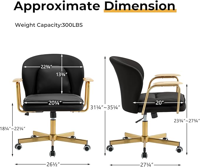 Furniliving Leather Office Chairs,Gold Office Chair, Adjustable Swivel Computer Chair with Golden Legs and Wooden Padded Armrest, Modern Upholstered Task Chair with Wheels,Black