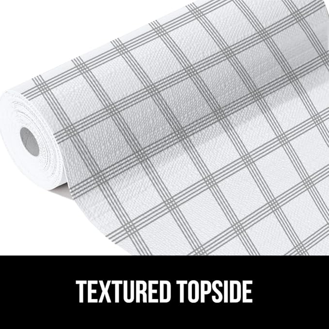 GORILLA GRIP DripGuard Shelf Liner, Non Adhesive Drawer and Kitchen Cabinet Protector, Slip Resistant BPA Free Smooth Surface Plastic Liners for Cabinets, Bathrooms, Closets, 12x120 Inch, White Stripe