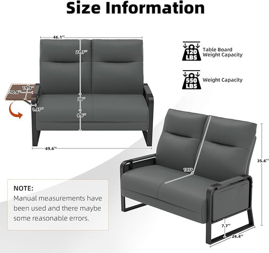 Faux Leather Loveseat, Upholstered Loveseat with Side Tray Table & Storage Pocket, Small Loveseat for Living Room, Modern 2 Seater Sofa Couch for Small Spaces, Bedroom, Gray