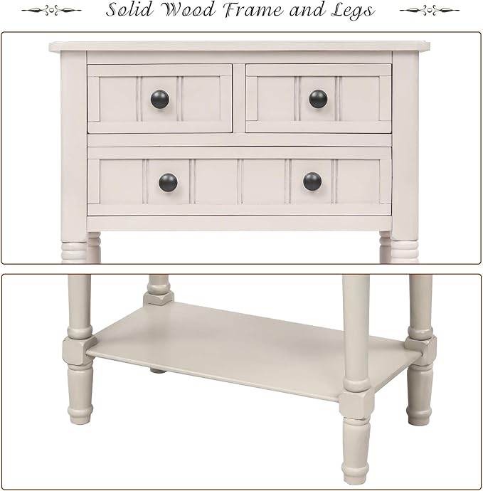 Knocbel Slim Antique Entry Console Table with Drawers & Bottom Open Shelf, Solid Wood Sofa Couch Table for Entryway Hallway Living Room (Ivory White)