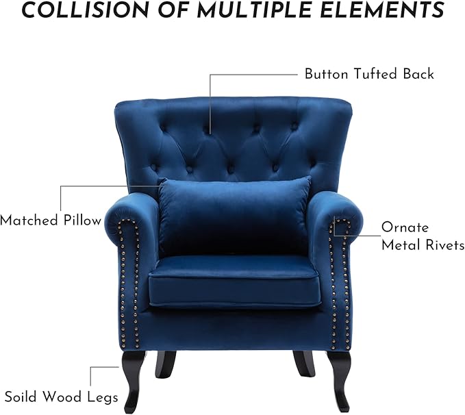 Accent Reading Arm Chairs for Living Room Bedroom, Midcentury Modern Comfy Corner Sofa Chair, Wingback Waiting Room Club Chair with Button Tufted Back &Lumbar Pillow, Velvet Blue