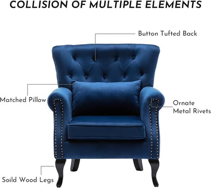 Accent Reading Arm Chairs for Living Room Bedroom, Midcentury Modern Comfy Corner Sofa Chair, Wingback Waiting Room Club Chair with Button Tufted Back &Lumbar Pillow, Velvet Blue